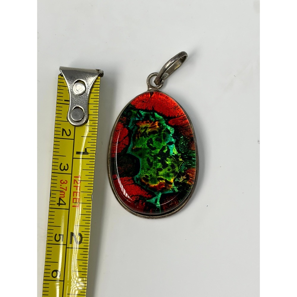 Vintage Sterling Silver Dichroic Art Glass Pendant Red Green Oval Statement